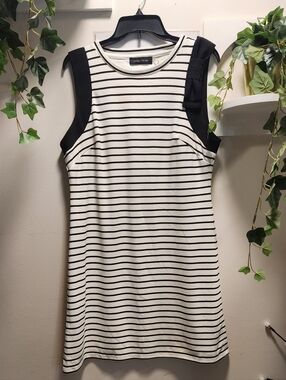 Ivanka Trump Black & White Striped Sleeveless Mini Dress